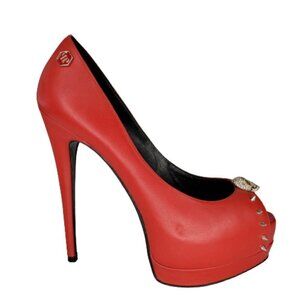 Philipp Plein Red Leather Studded Skull Peep Toe Platform Pumps